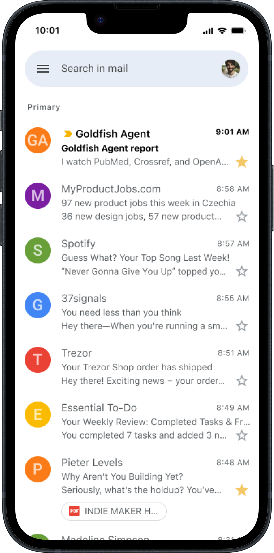 Inbox with a Goldfish Agent report at the top